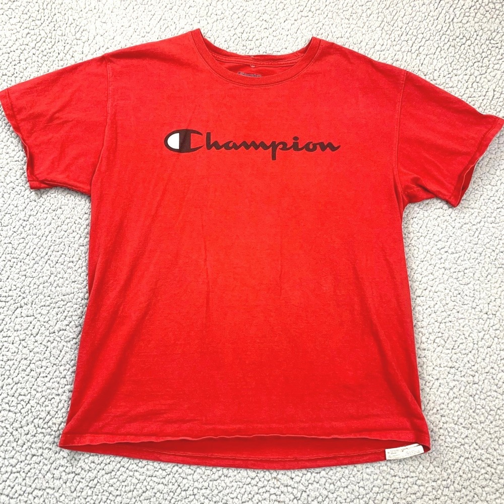 Champion T-Shirt Mens Large Red Short Sleeve Script Logo Cotton Athletic Tee‎
